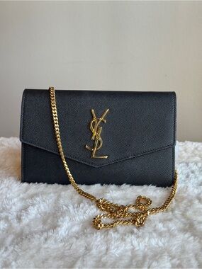 Saint Laurent Black Envelope Monogram Chain Wallet